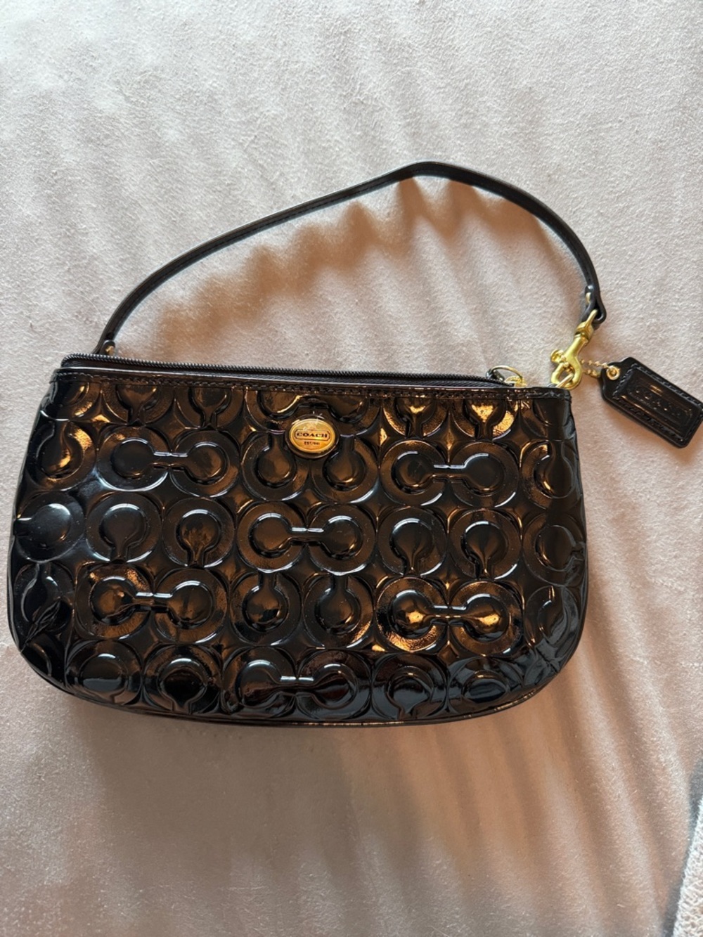 Coach Black Patent Signature Wristlet with Gold Hardware